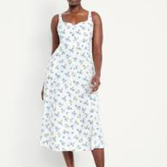 NWT Old Navy Fit & Flare Midi Dress SZ XXL 2XL Cream Floral Linen Blend Cottage - Picture 2 of 16